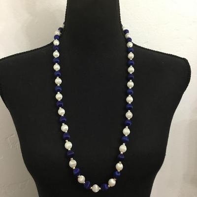 Vintage, white and blue silk ball bead necklace