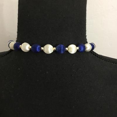 Vintage, white and blue silk ball bead necklace
