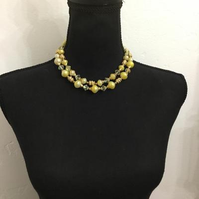 Vintage sunshine, yellow, gold, toned, crystal bead, double strand necklace