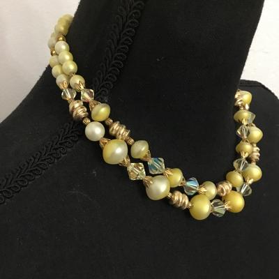 Vintage sunshine, yellow, gold, toned, crystal bead, double strand necklace