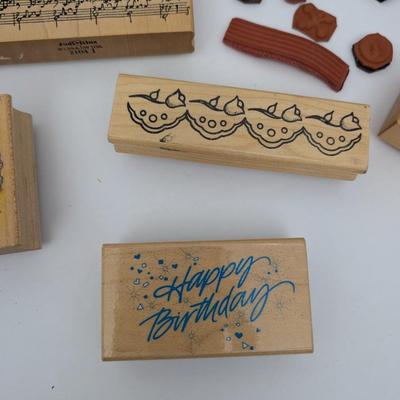 Lot Rubber Stamps Wood Mounted Crafting Music Birthday Anniversary Borders Designs