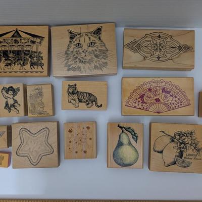 Vintage Rubber Stamp Lot Carousel Cat Fruit Angels Fan Tiger Decorative Craft Stamps