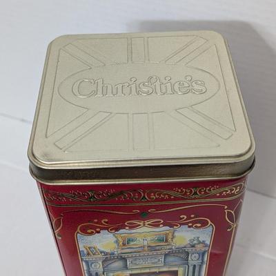 1993 Christie Premium Plus Crackers Tin Red Holiday Winter Skating Scene Collectible