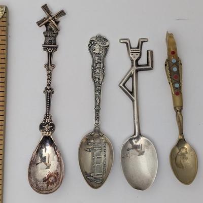 Lot of 4 Vintage Souvenir Spoons Windmill Dutch Varied Industries 1893 Abstract and Painted Bone Handle
