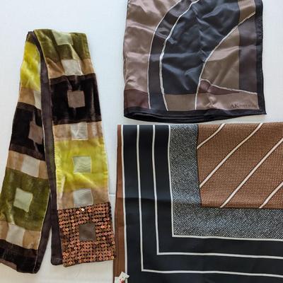 Lot of Three Brown and Black Scarves Including Anne Klein Silk and Polyester Styles