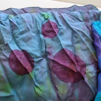 Lot of Three Vintage Blue Silk Scarves Including Adrienne Vittadini Colorful Prints