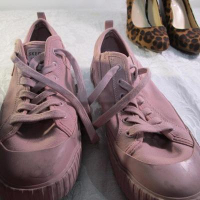 Sale Photo Thumbnail #335: red shoes are Life Stride size 8 WW, leopard print boots are Soda size 8, Pink shoes are Sketchers size 8-1/2, Leopard print heels are Jessica Simpson size 8 M