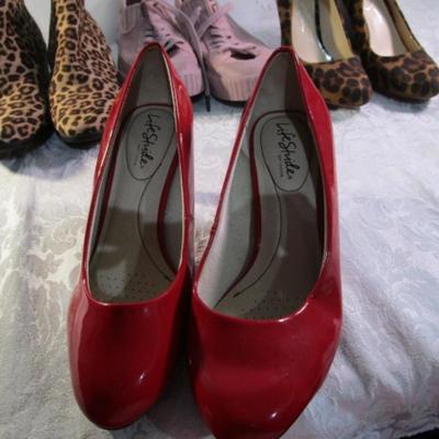 Sale Photo Thumbnail #329: red shoes are Life Stride size 8 WW, leopard print boots are Soda size 8, Pink shoes are Sketchers size 8-1/2, Leopard print heels are Jessica Simpson size 8 M