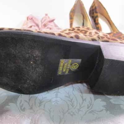 Sale Photo Thumbnail #334: red shoes are Life Stride size 8 WW, leopard print boots are Soda size 8, Pink shoes are Sketchers size 8-1/2, Leopard print heels are Jessica Simpson size 8 M