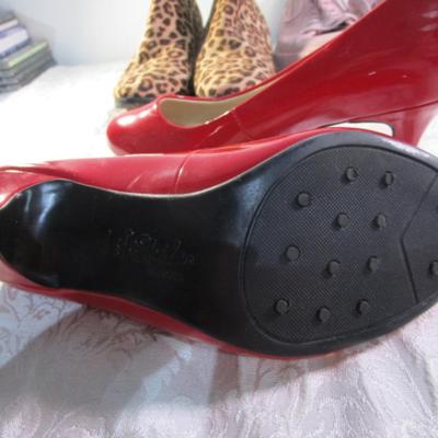 Sale Photo Thumbnail #331: red shoes are Life Stride size 8 WW, leopard print boots are Soda size 8, Pink shoes are Sketchers size 8-1/2, Leopard print heels are Jessica Simpson size 8 M