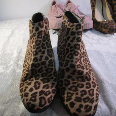 Sale Photo Thumbnail #333: red shoes are Life Stride size 8 WW, leopard print boots are Soda size 8, Pink shoes are Sketchers size 8-1/2, Leopard print heels are Jessica Simpson size 8 M