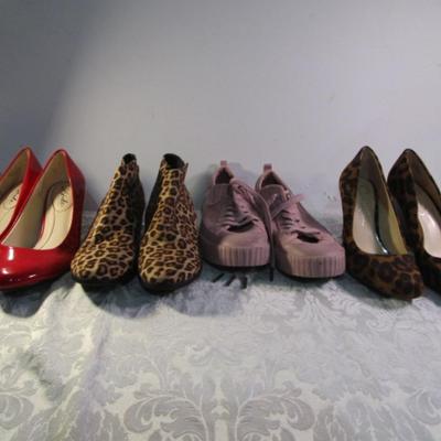 Sale Photo Thumbnail #328: red shoes are Life Stride size 8 WW, leopard print boots are Soda size 8, Pink shoes are Sketchers size 8-1/2, Leopard print heels are Jessica Simpson size 8 M