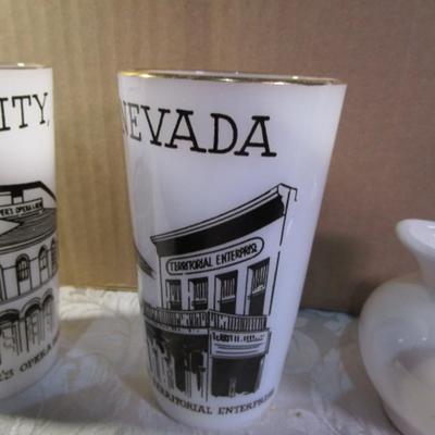 Sale Photo Thumbnail #362: Cup & saucer, 2 glass tumblers, creamer jug & bowl, see pictures