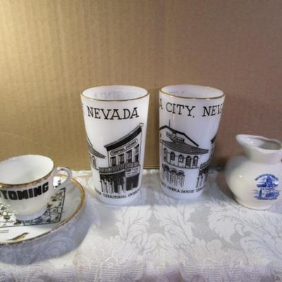 Sale Photo Thumbnail #357: Cup & saucer, 2 glass tumblers, creamer jug & bowl, see pictures