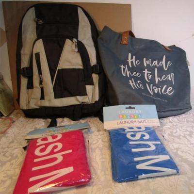 Sale Photo Thumbnail #628: Backpack looks new and is 16" tall x 12" wide x 5-1/2" deep, Time Out for Women bag is 17-1/2" wide x 13-1/2" tall, laundry bags are 24" x 32", See pictures