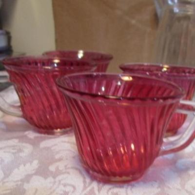 Sale Photo Thumbnail #656: 4 pink glass miniature cups, 1  creamer, 2 small glasses
