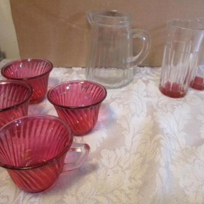 Sale Photo Thumbnail #655: 4 pink glass miniature cups, 1  creamer, 2 small glasses