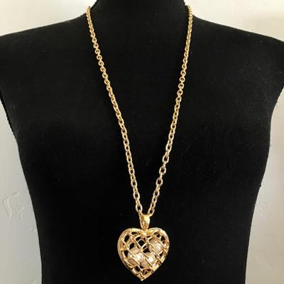 Cute Gold tone, long chain, puffy, caged, pearl heart pendant necklace