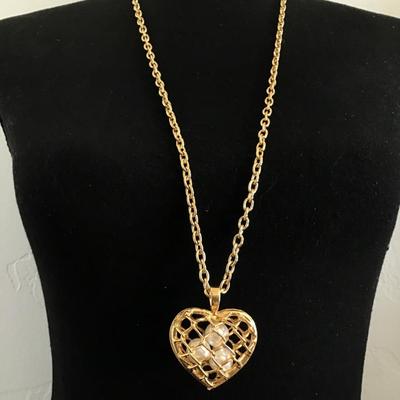 Cute Gold tone, long chain, puffy, caged, pearl heart pendant necklace