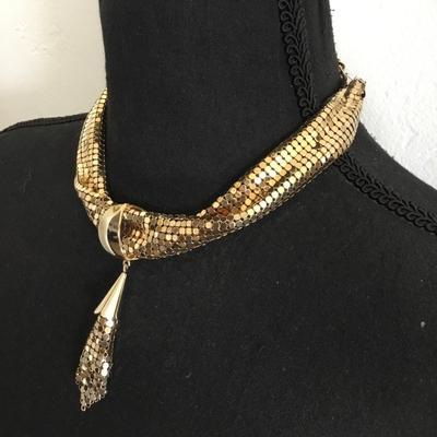 Beautiful vintage, gold tone, mesh, choker statement, tassel necklace