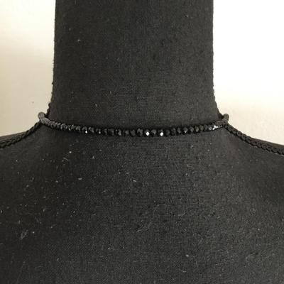 Beautiful jet black faceted, glass bead, multi colored rhinestone tassel necklace