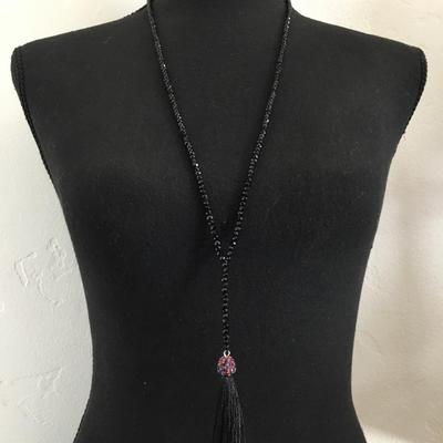 Beautiful jet black faceted, glass bead, multi colored rhinestone tassel necklace