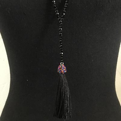 Beautiful jet black faceted, glass bead, multi colored rhinestone tassel necklace
