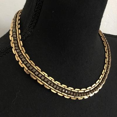 Beautiful, heavy metal, gold tone, gray rhinestone collar statement, necklace