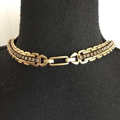 Beautiful, heavy metal, gold tone, gray rhinestone collar statement, necklace