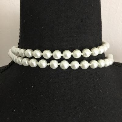 Beautiful very nice double knotted White faux pearl, long flapper style necklace