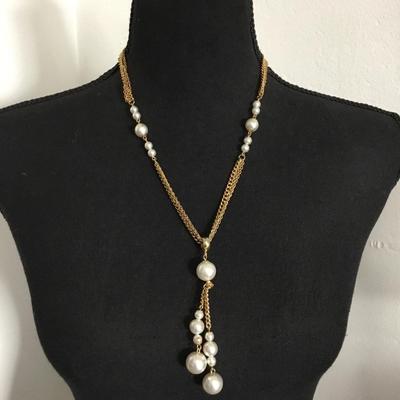 Vintage, gold tone, faux, pearl tassel necklace