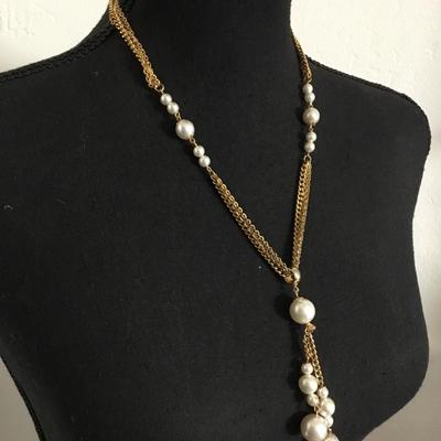 Vintage, gold tone, faux, pearl tassel necklace