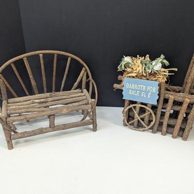 Rustic Bentwood Twig Branch Bench & Carrots For Sale Stand