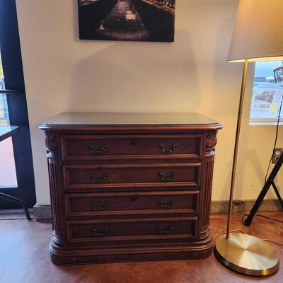Sale Photo Thumbnail #125: Cherry wood credenza featuring dimensions of 3.5 x 1.9 x 2.6. Includes four spacious drawers with decorative metal handles. The credenza showcases intricate carving details along its edges, a polished finish, and a rectangular top. Designed with functiona