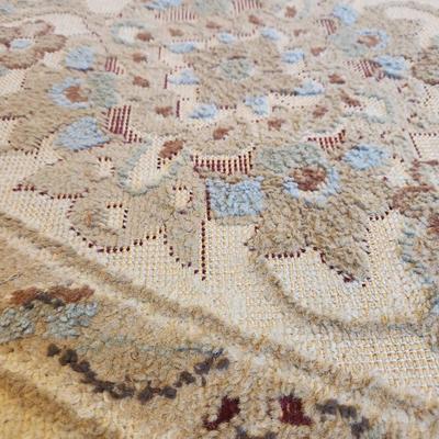 Sale Photo Thumbnail #140: Round Hoffman Bakhtiar-style rug, measuring approximately 6â€™8â€³ in diameter (208 cm). Made in Turkey using polypropylene material for durability and ease of maintenance. Features an intricate floral and vine design in neutral tones, including 