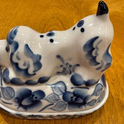 Small blue dog ceramic figures and Gzhel larger blue dog trinket box