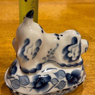 Small blue dog ceramic figures and Gzhel larger blue dog trinket box