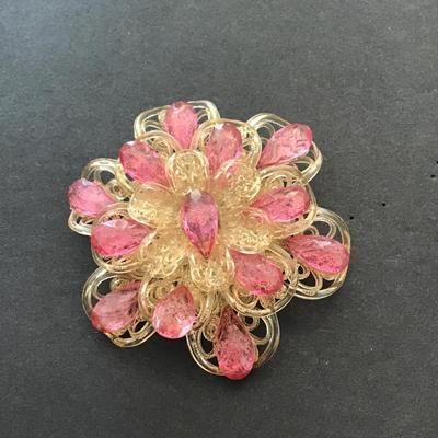 Sale Photo Thumbnail #19: Vintage very rare, pink rhinestone lucite filigree flower shaped brooch. Please see attached photos.