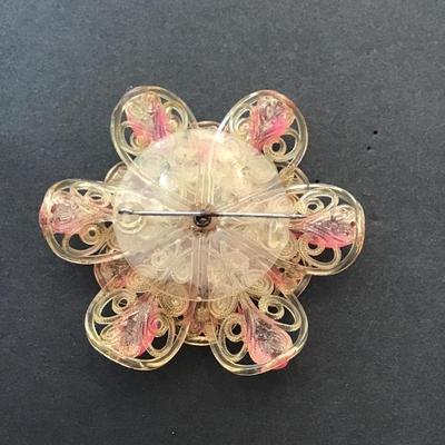 Sale Photo Thumbnail #20: Vintage very rare, pink rhinestone lucite filigree flower shaped brooch. Please see attached photos.