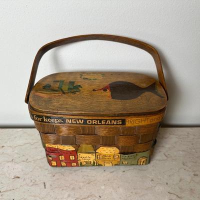 Two Vintage Woven Wooden Basket with Hand-Painted New Orleans Storefronts