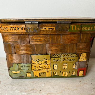 Two Vintage Woven Wooden Basket with Hand-Painted New Orleans Storefronts