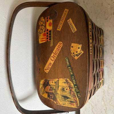 Two Vintage Woven Wooden Basket with Hand-Painted New Orleans Storefronts