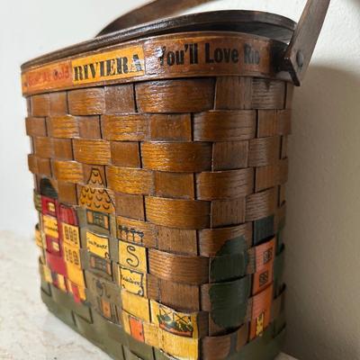 Two Vintage Woven Wooden Basket with Hand-Painted New Orleans Storefronts