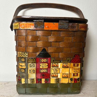 Two Vintage Woven Wooden Basket with Hand-Painted New Orleans Storefronts