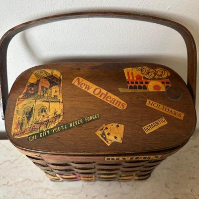 Two Vintage Woven Wooden Basket with Hand-Painted New Orleans Storefronts