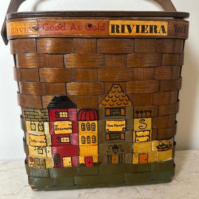 Two Vintage Woven Wooden Basket with Hand-Painted New Orleans Storefronts