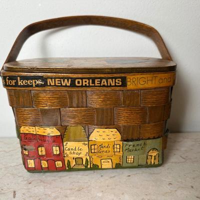 Two Vintage Woven Wooden Basket with Hand-Painted New Orleans Storefronts