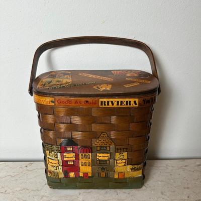 Two Vintage Woven Wooden Basket with Hand-Painted New Orleans Storefronts