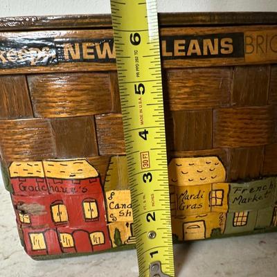 Two Vintage Woven Wooden Basket with Hand-Painted New Orleans Storefronts