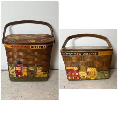 Two Vintage Woven Wooden Basket with Hand-Painted New Orleans Storefronts